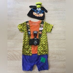 Disney Goofy Tourist Short Sleeve Onesie Matching Hat 100% Cotton Whimsical 12 M